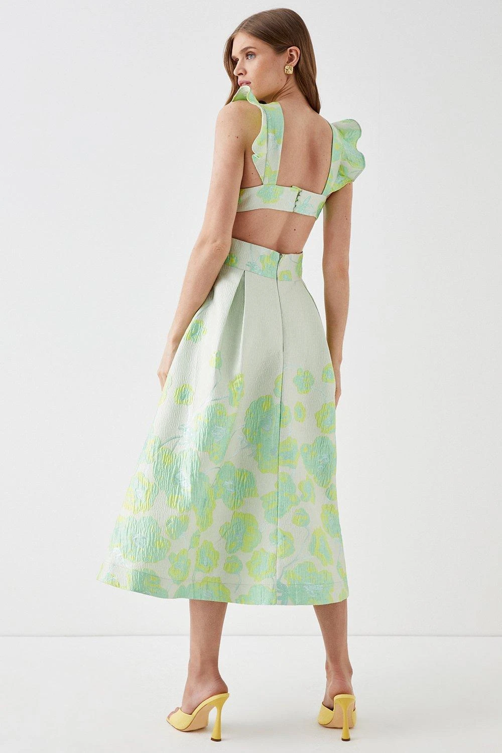 Coast Cross Neck Frill Detail Jacquard Midi Dress 3 Coast Cross Neck Frill Detail Jacquard Midi Dress - Image 3