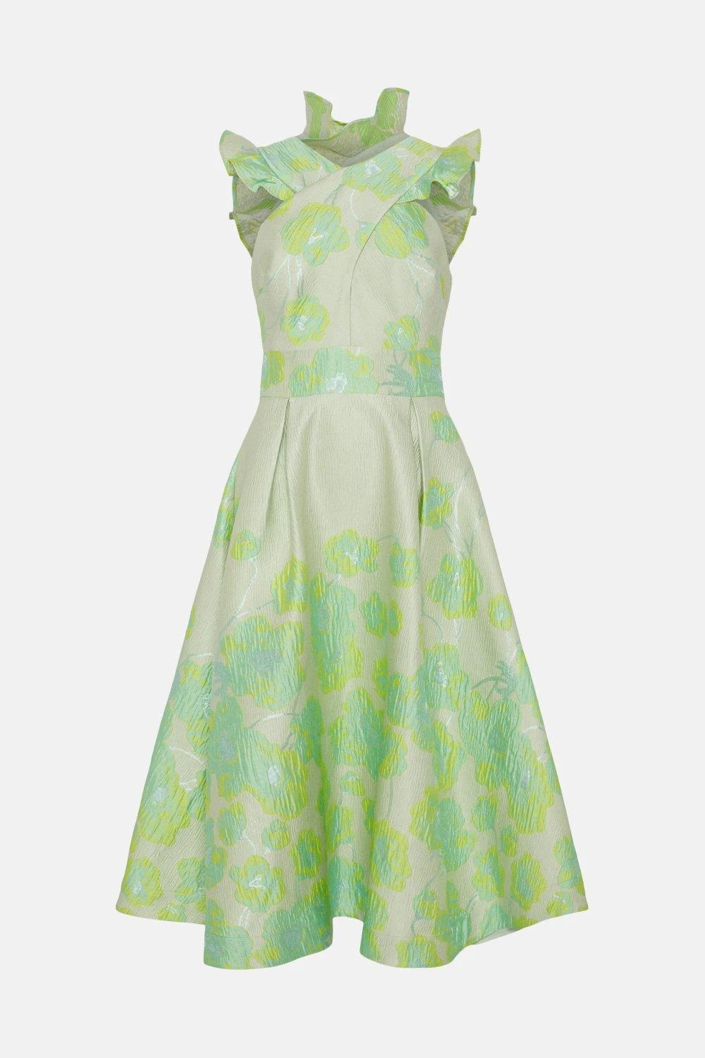 Coast Cross Neck Frill Detail Jacquard Midi Dress 4 Coast Cross Neck Frill Detail Jacquard Midi Dress - Image 4