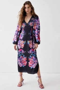 Coast Alexandra Farmer Placement Volume Sleeve Midi Dress