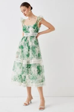 Coast Square Neck Organza Midi Dress With Lace Trims