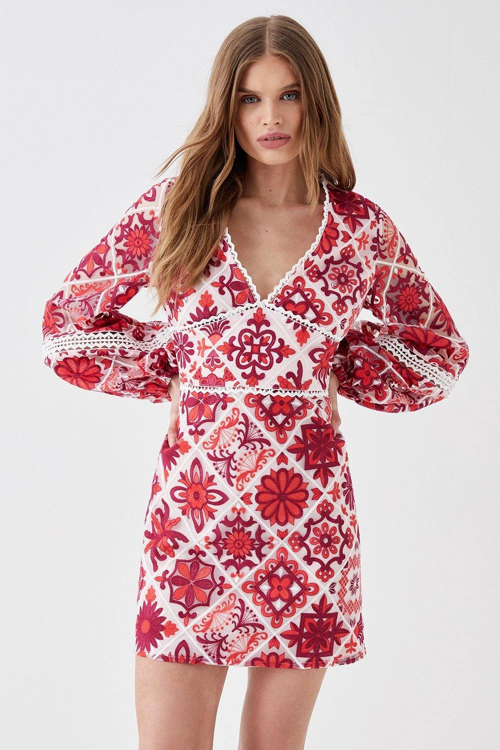 Coast Long Sleeve Tile Lace Waist Panel Mini Dress 1 Coast Long Sleeve Tile Lace Waist Panel Mini Dress