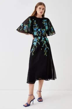 Coast Trailing Floral Embroidered Angel Sleeve Midi Dress