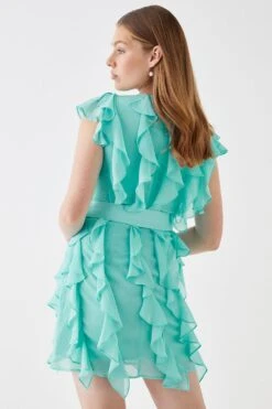 Coast Ruffle Chiffon Belted Mini Dress -Coast bcc05043 turquoise xl 2