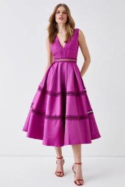 Coast Plunge Neck Twill Midi Dress With Lace Trims