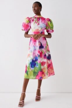 Coast Blurred Floral Puff Sleeve Cutout Back Midi Dress