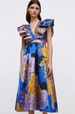 Coast Ruffle Sleeve Organza Jacquard Midi Dress -Coast bcc05096 blue xl 2