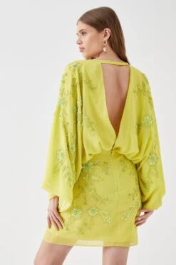 Coast All Over Beaded V Neck Kimono Mini Dress -Coast bcc05122 chartreuse xl 2