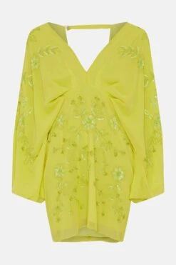Coast All Over Beaded V Neck Kimono Mini Dress -Coast bcc05122 chartreuse xl 3