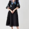 Coast Floral Neckline Embroidered Puff Sleeve Midi Dress