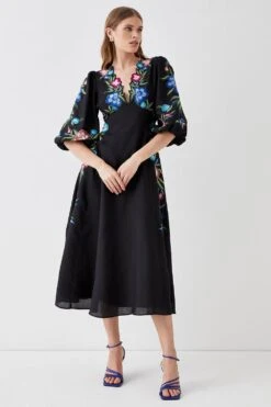 Coast Floral Neckline Embroidered Puff Sleeve Midi Dress