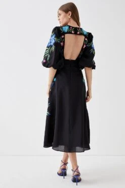 Coast Floral Neckline Embroidered Puff Sleeve Midi Dress -Coast bcc05136 black xl 2