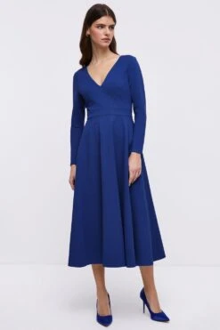 Coast Ponte V Neck Full Skirt Midi Dress
