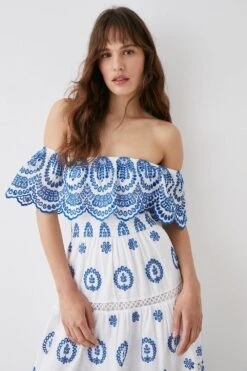 Coast 42 Coast Bardot Trim Detail Tiered Broderie Midi Dress