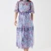 Coast Sequin Angel Sleeve Printed Mesh Midi Dress