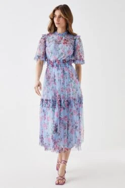 Coast Sequin Angel Sleeve Printed Mesh Midi Dress
