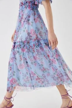 Coast Sequin Angel Sleeve Printed Mesh Midi Dress -Coast bcc05253 blue xl 2