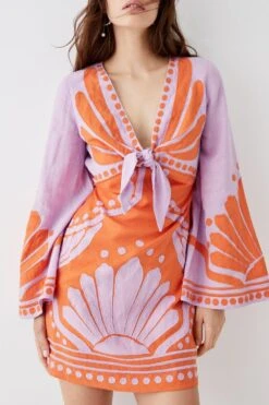 Coast Linen Tie Front Applique Embroidered Mini Dress 6 Coast Linen Tie Front Applique Embroidered Mini Dress -Coast bcc05268 orange xl 2