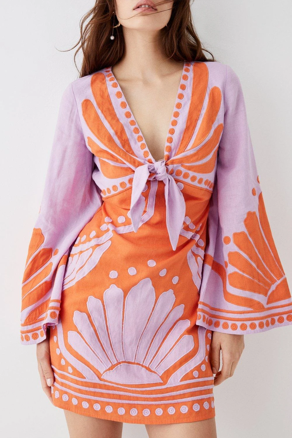 Coast Linen Tie Front Applique Embroidered Mini Dress 3 Coast Linen Tie Front Applique Embroidered Mini Dress - Image 3