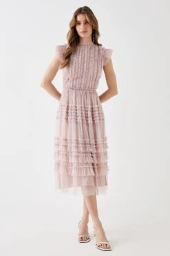 Coast Tulle Micro Ruffle Frill Neck Midi Dress