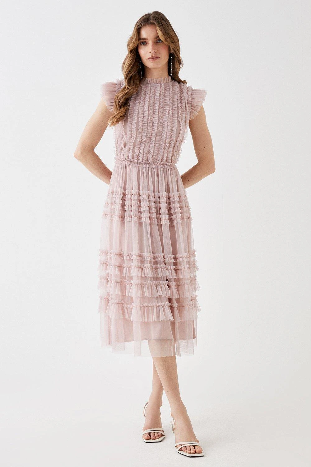 Coast Tulle Micro Ruffle Frill Neck Midi Dress 1 Coast Tulle Micro Ruffle Frill Neck Midi Dress