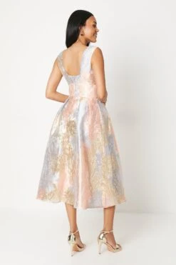 Coast Plunge Neck Metallic Jacquard Midi Dress -Coast bcc05348 rose20gold xl 2