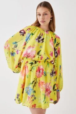 Coast Printed Volume Sleeve Blouson Mini Dress