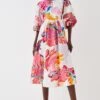 Coast Cotton Printed Puff Sleeve Open Back Midi Dress
