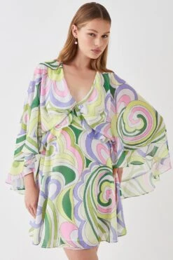Coast Printed Cape Sleeve Frill Mini Dress