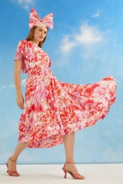 Coast Lisa Tan Printed Ruffle Sleeve Midi Dress