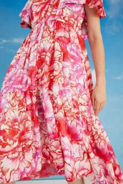 Coast Lisa Tan Printed Ruffle Sleeve Midi Dress -Coast bcc05551 red xl 2