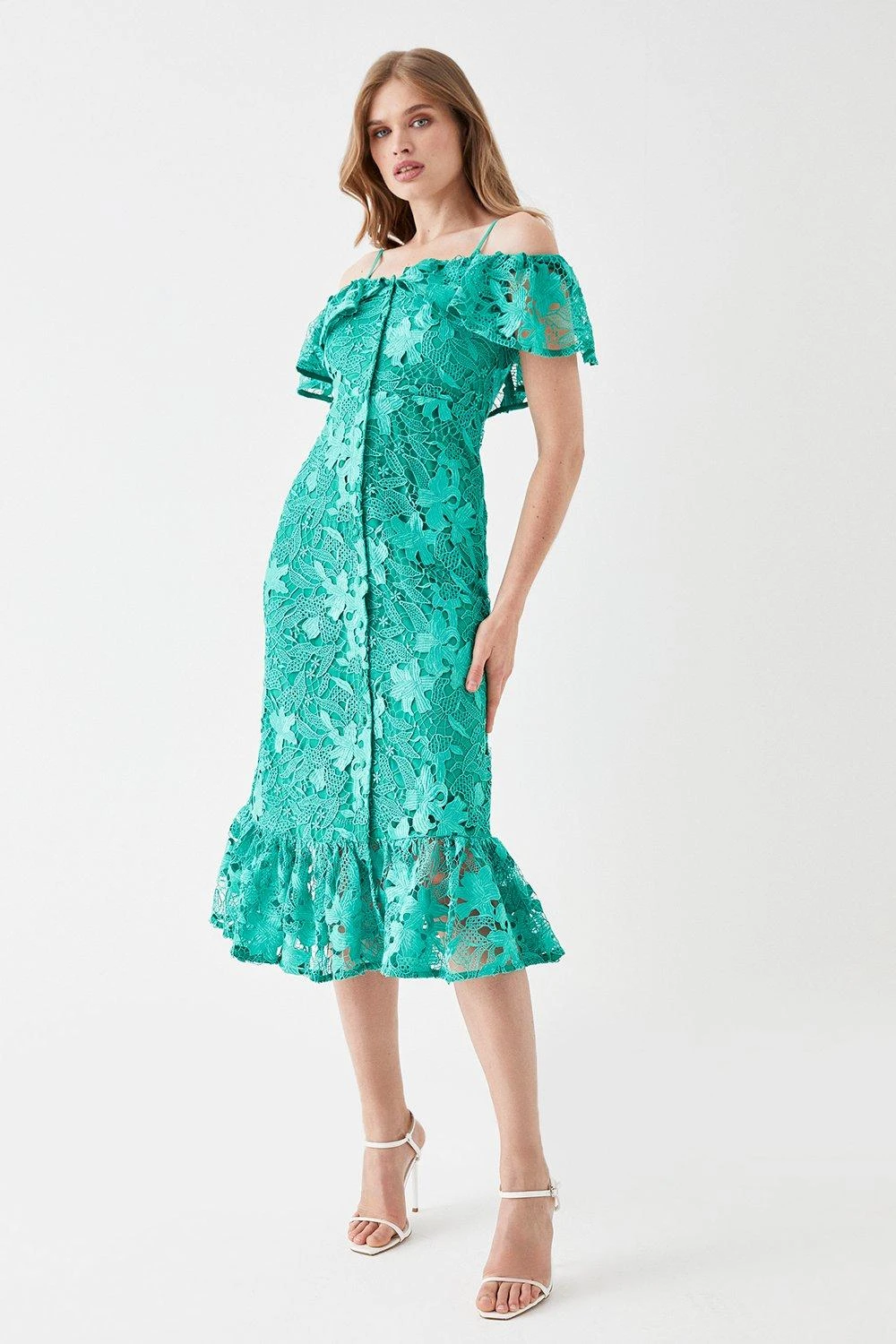 Coast Button Front Bardot Lace Pencil Dress 1 Coast Button Front Bardot Lace Pencil Dress