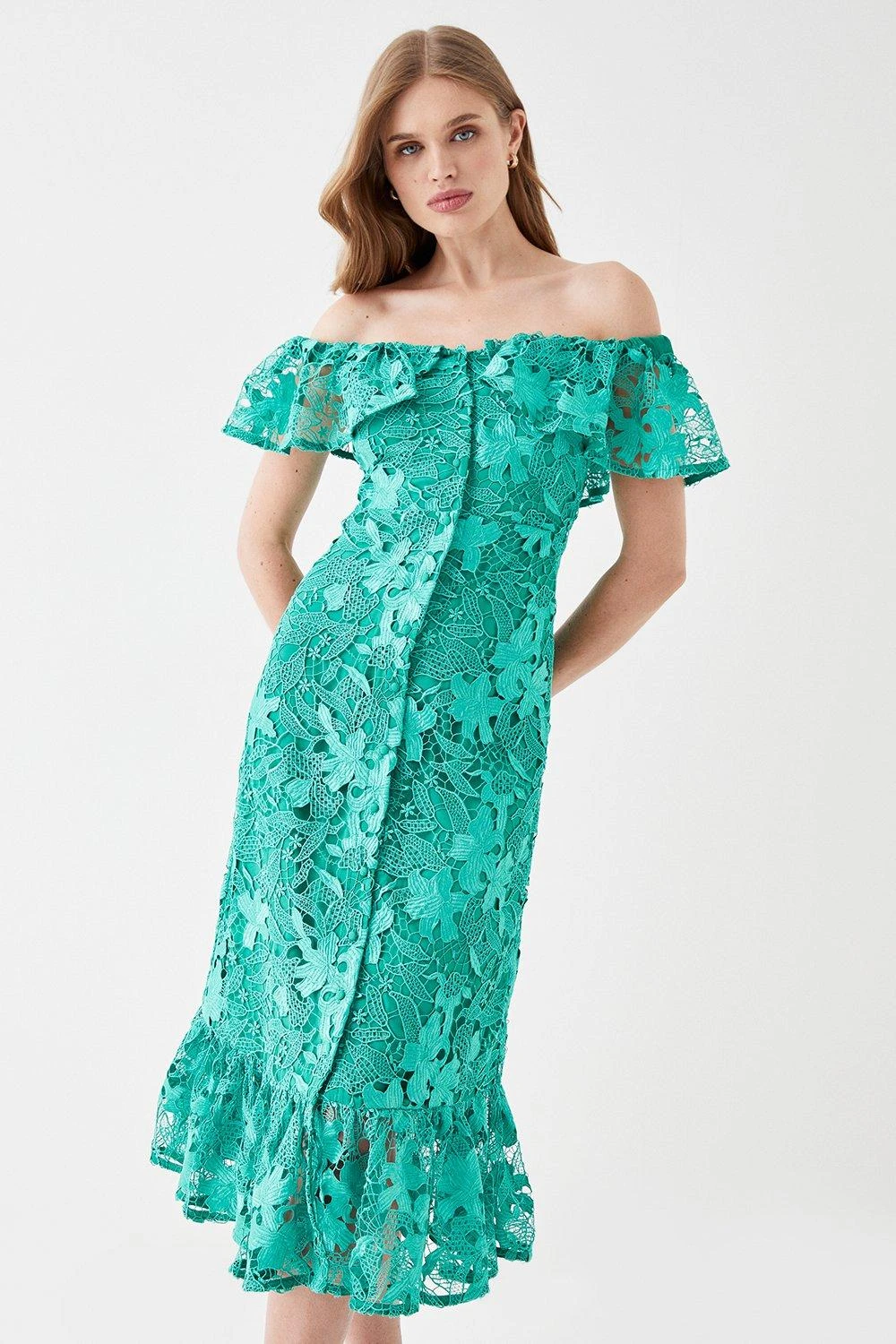 Coast Button Front Bardot Lace Pencil Dress 4 Coast Button Front Bardot Lace Pencil Dress - Image 4