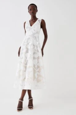 Coast V Neck Floral Jacquard Midi Dress