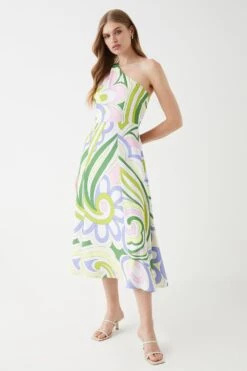 Coast One Shoulder Printed Drape Front Flowing Skirt Midi Dress