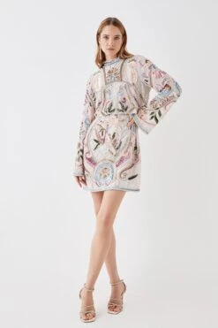 Coast The Collector Hand Embellished Mini Dress With Long Sleeve -Coast bcc05682 cream xl 2