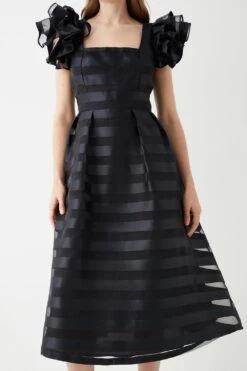 Coast Frill Shoulder Stripe Organza Midi Dress -Coast bcc05705 black xl 3