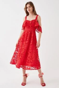 Coast Bardot Frill Top Lace Midi Dress