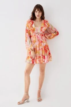 Coast Printed Tie Back Ruffle Detail Mini Dress -Coast bcc05748 peach xl 2