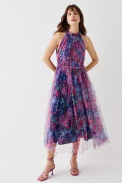 Coast Printed Mesh Frill Neck Midi Dress -Coast bcc05773 pink xl 2