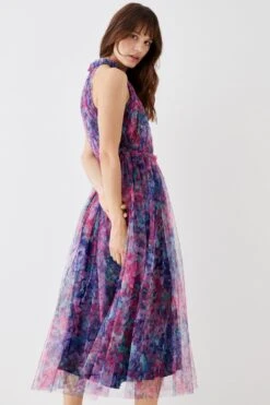 Coast Printed Mesh Frill Neck Midi Dress -Coast bcc05773 pink xl 4