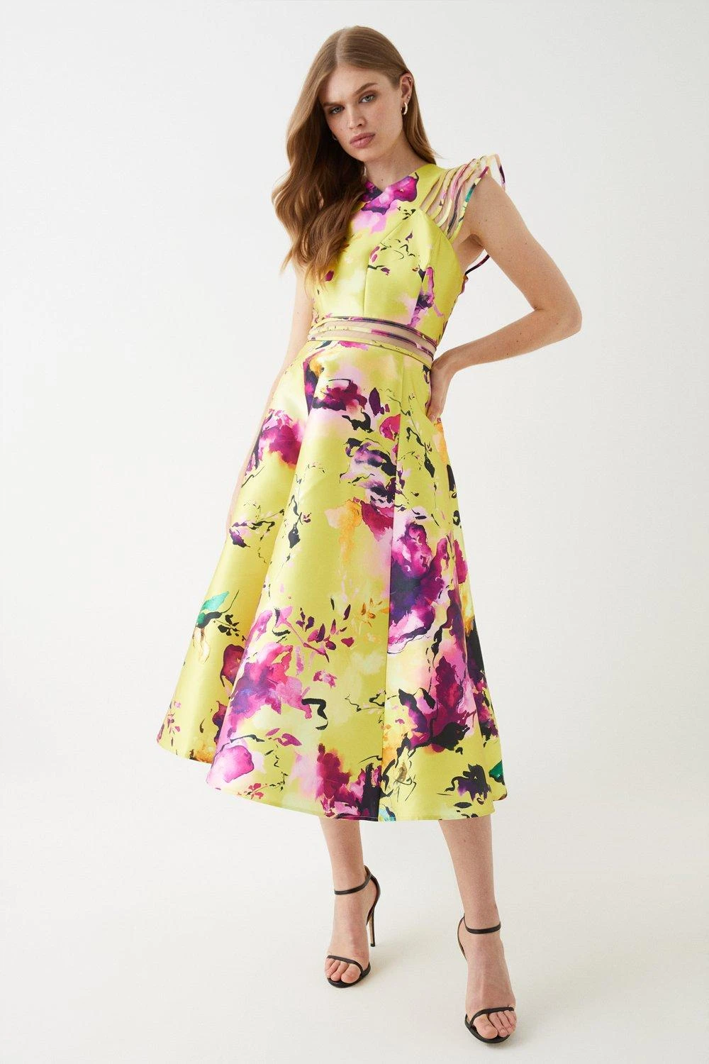 Coast Mesh Insert Frill Shoulder Twill Midi Dress 1 Coast Mesh Insert Frill Shoulder Twill Midi Dress